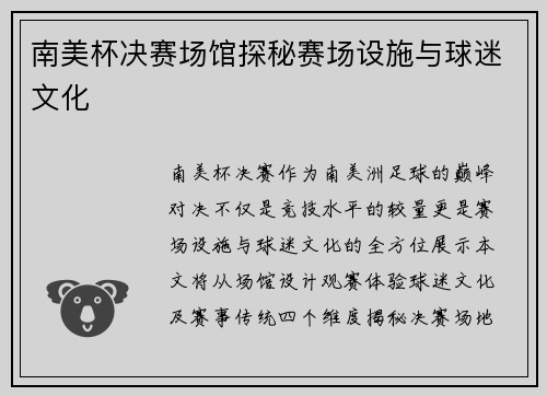 南美杯决赛场馆探秘赛场设施与球迷文化